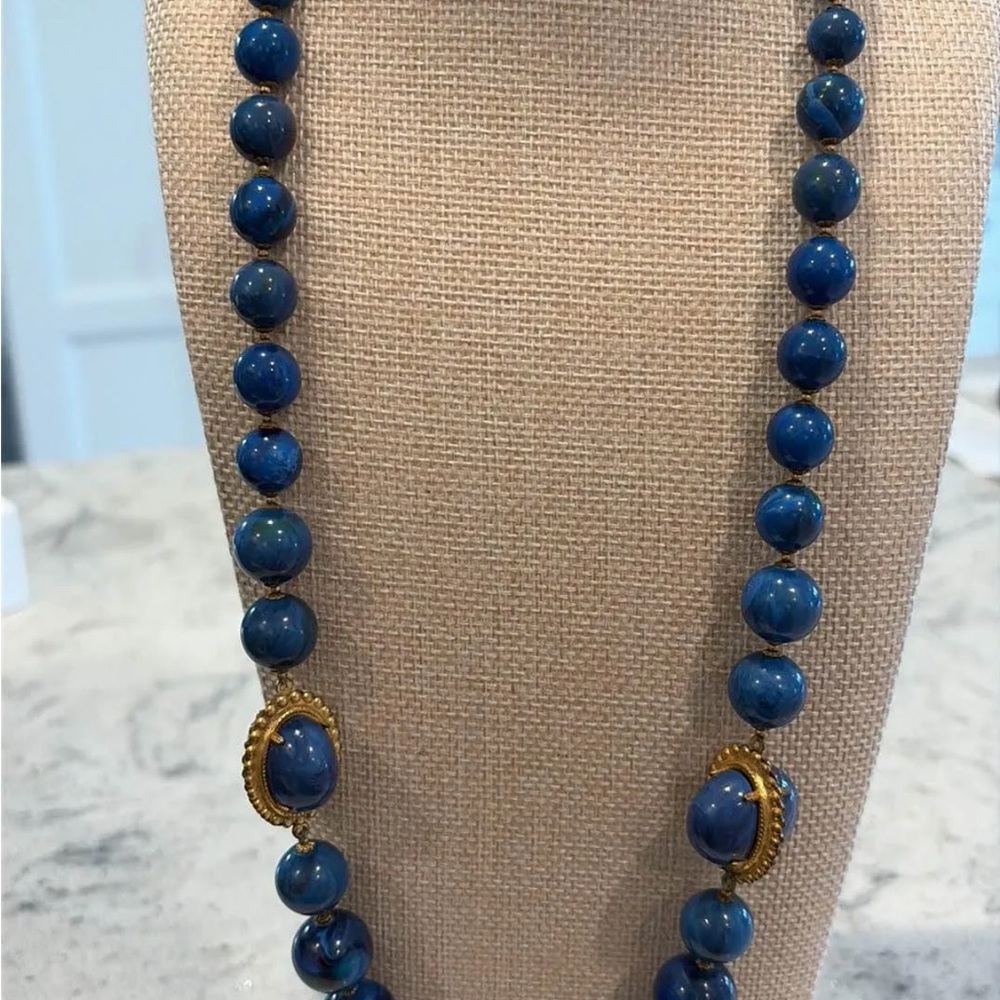 Vintage MIRIAM HASKELL Blue Beaded Statement Necklace - Gold Accent